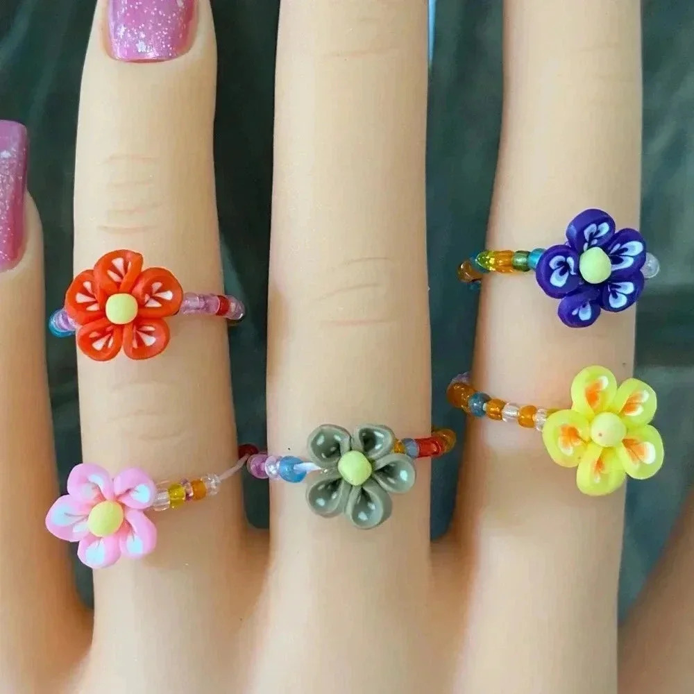 5 Pack Colorful Handmade Flower Floral Y2K Stretch Rings NEW